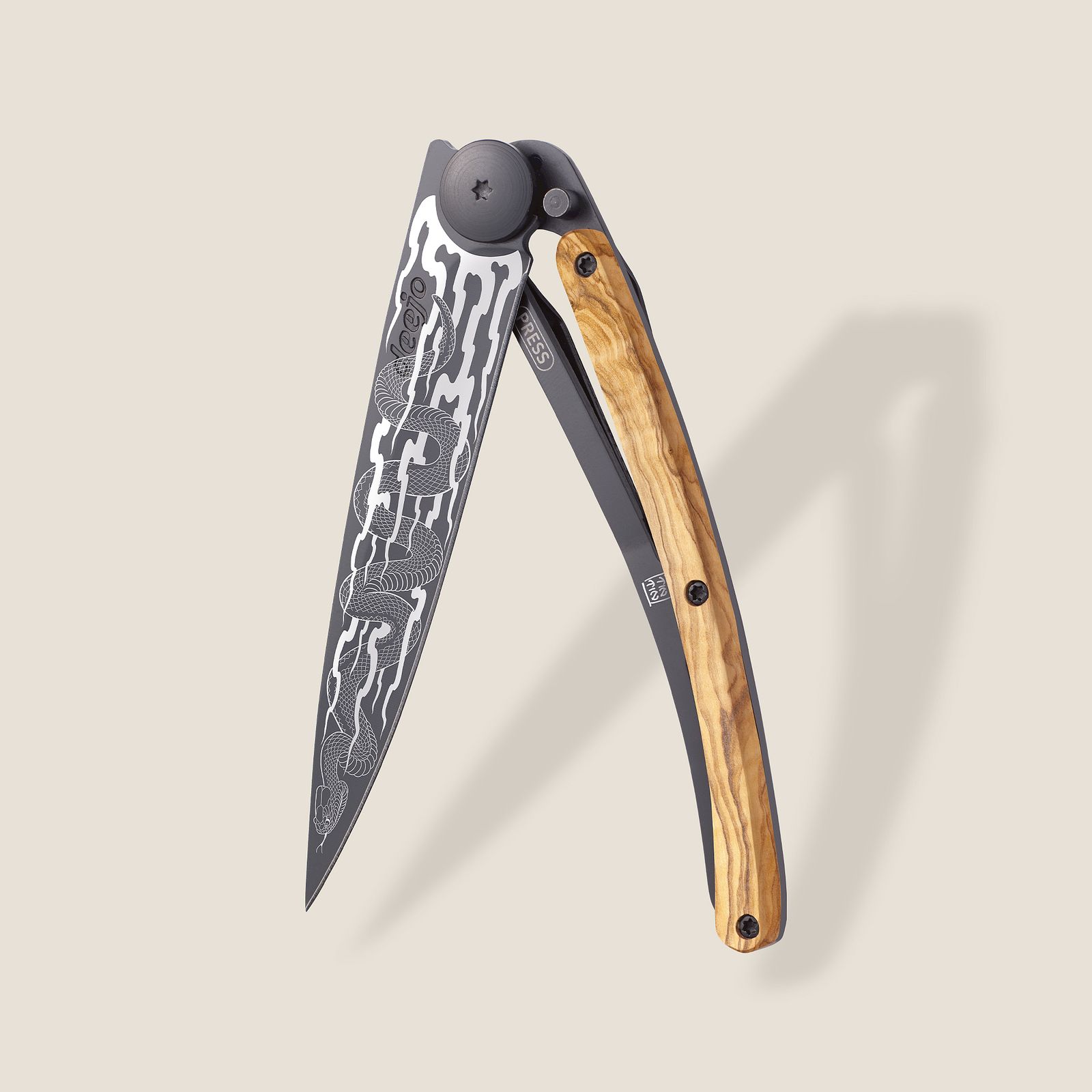 6 Deejo Paring Knives, Zebra Wood / Tattoos of The World