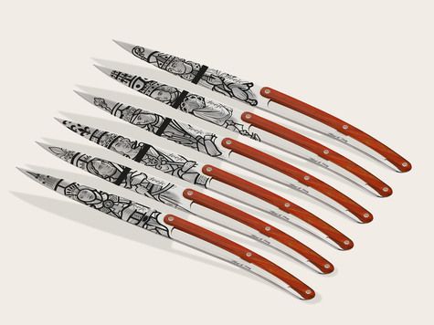 6 Deejo steak knives, Coral wood / Mikael de Poissy - History of France