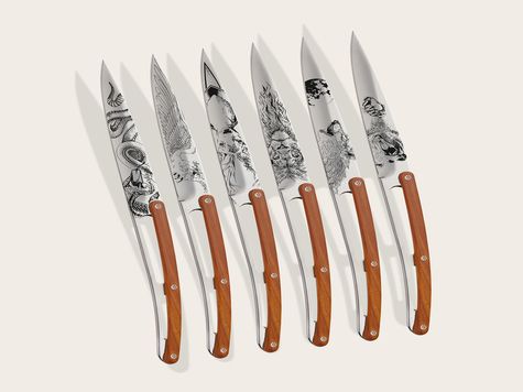 6 Deejo steak knives, Coral wood / Wild